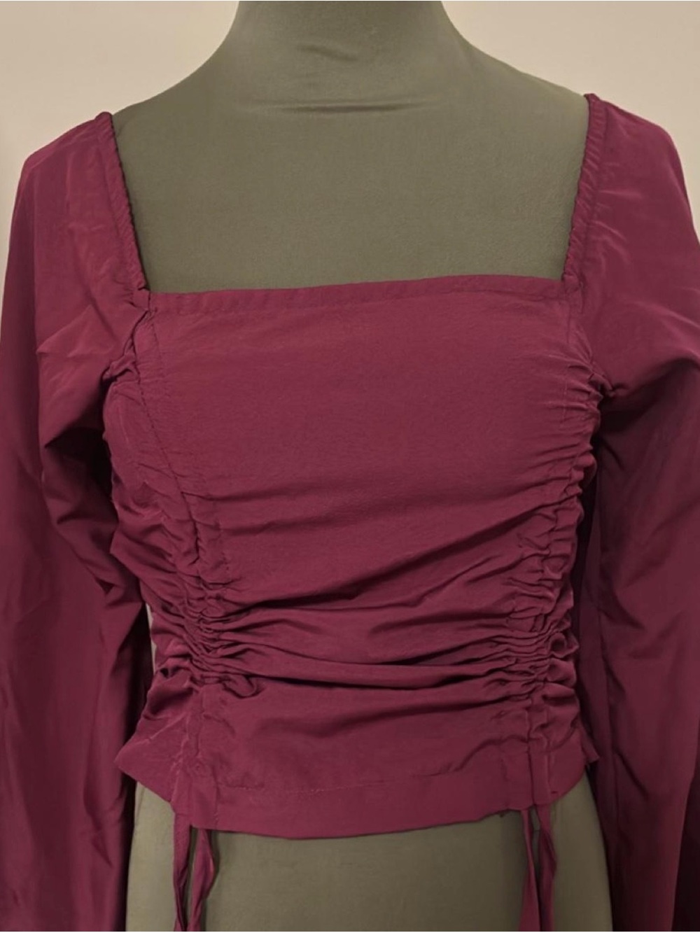 Ruched Square-Neck Long Sleeve Top - Berry